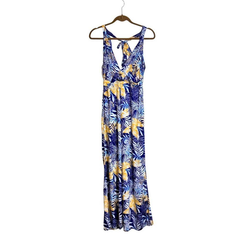 💐Japna Goa Women's Jumpsuit Small Tropical Blue Floral Halter Wide Leg Summer
